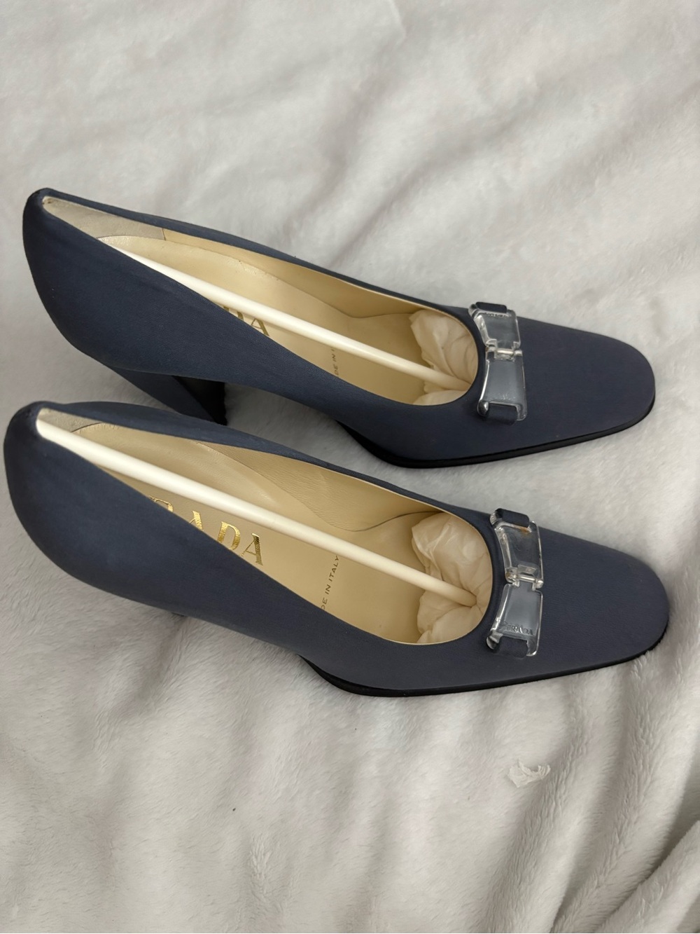 Prada Navy Blue Satin Square Toe Pumps with Crystal Accent